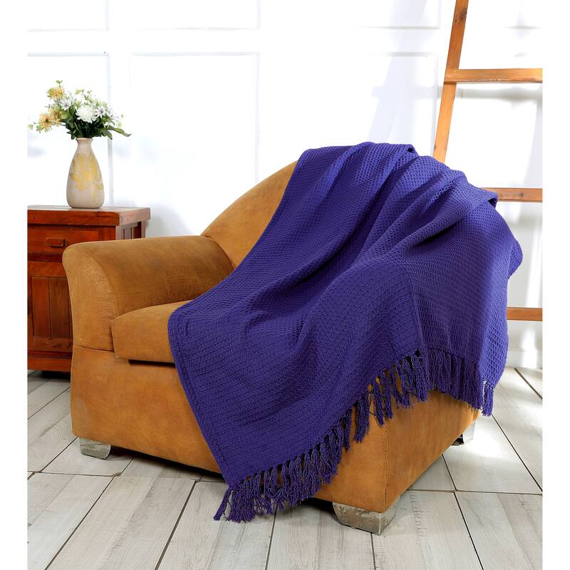 Luxurious Soft Cozy All Season Light Weight Cotton Waffle Weave Throw Blanket with Fringes - 70x50 Inches