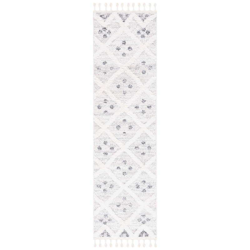 SAFAVIEH Moroccan Tassel Shag Lennie Trellis 2-inch Thick Rug - 2'3" x 8' Runner - Beige/Ivory