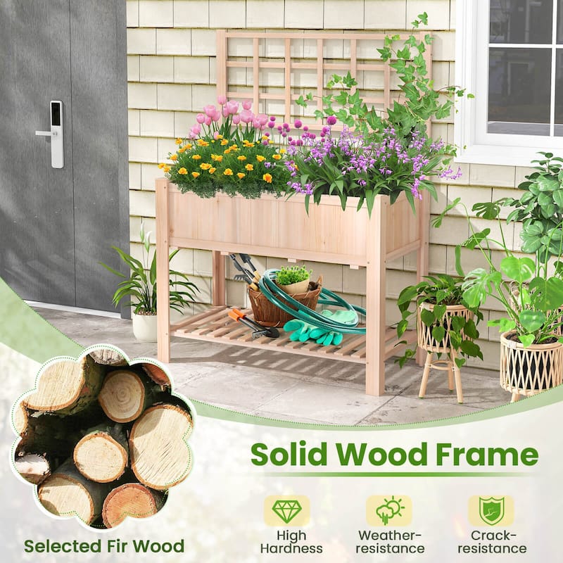 Costway Raised Garden Bed Elevated Wooden Planter Box with Trellis &
