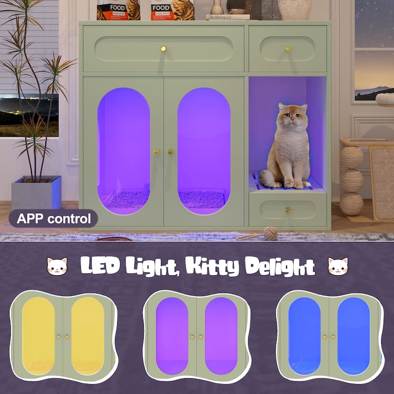 Anmytek Hidden Cat Litter Box Enclosure Furniture with LED Light and Storage Drawers Green Pet House and End Table