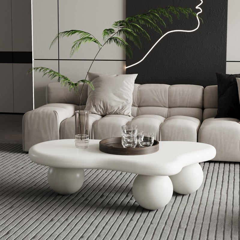 40 Inch Cloud Shaped Coffee Table with 3 Ball Legs for Living Room - Cream White