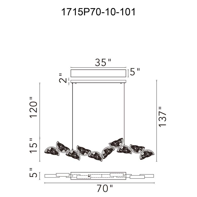 Moon Integrated LED 70in Black Chandelier with Handcrafted Glass