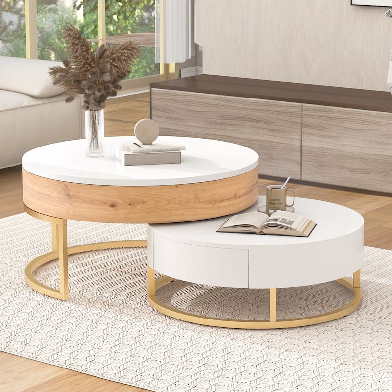 Round Lift-top Nesting Coffee Table w/ 2 Drawer & Metal Frame, Modern Nesting Table Set of 2, Luxury Accent Side Table End Table