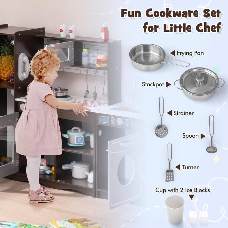 Wooden Play Kitchen Set w/ Washing Machine & Ice Maker