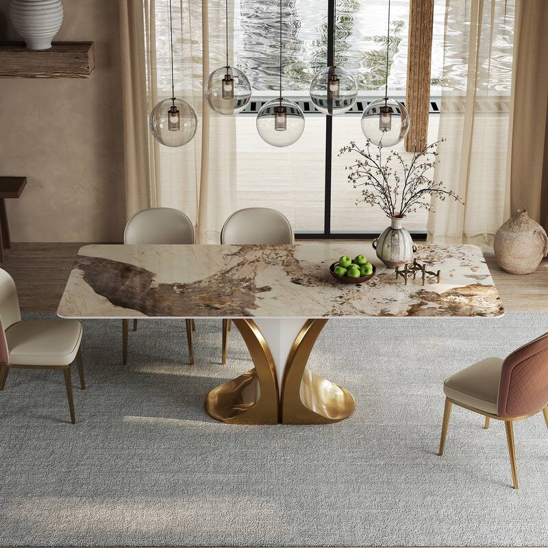 Modern Faux Marble Dining Table with Gold Stainless Steel V-Legs Rectangle 78 in.