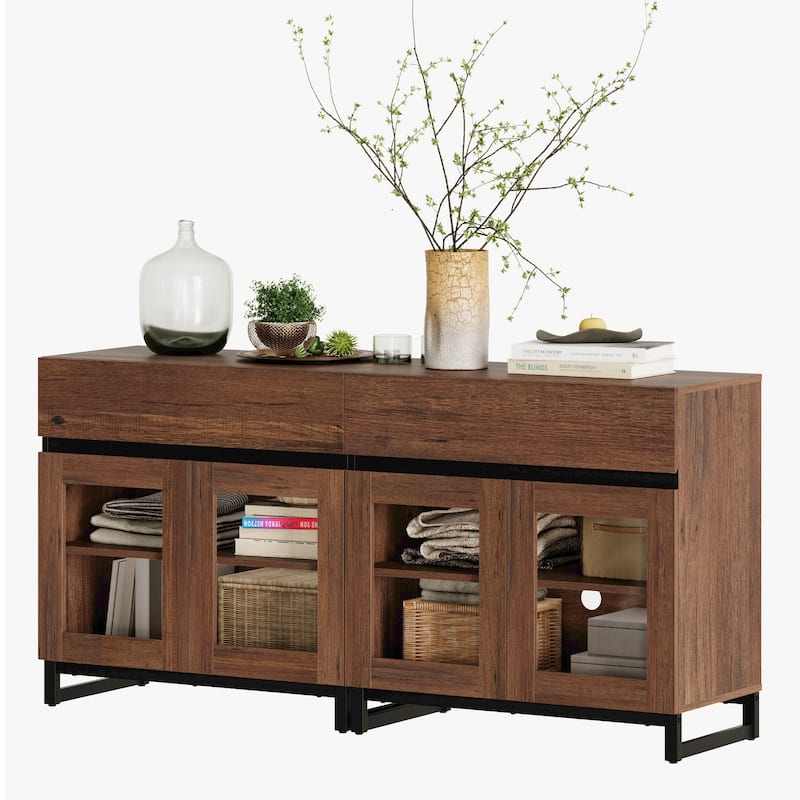 WAMPAT Multifunctional Sideboard Buffet Cabinets with 6 Glass Doors and Drawers, Modern Sideboard, Coffee Bar Storage Cabinet
