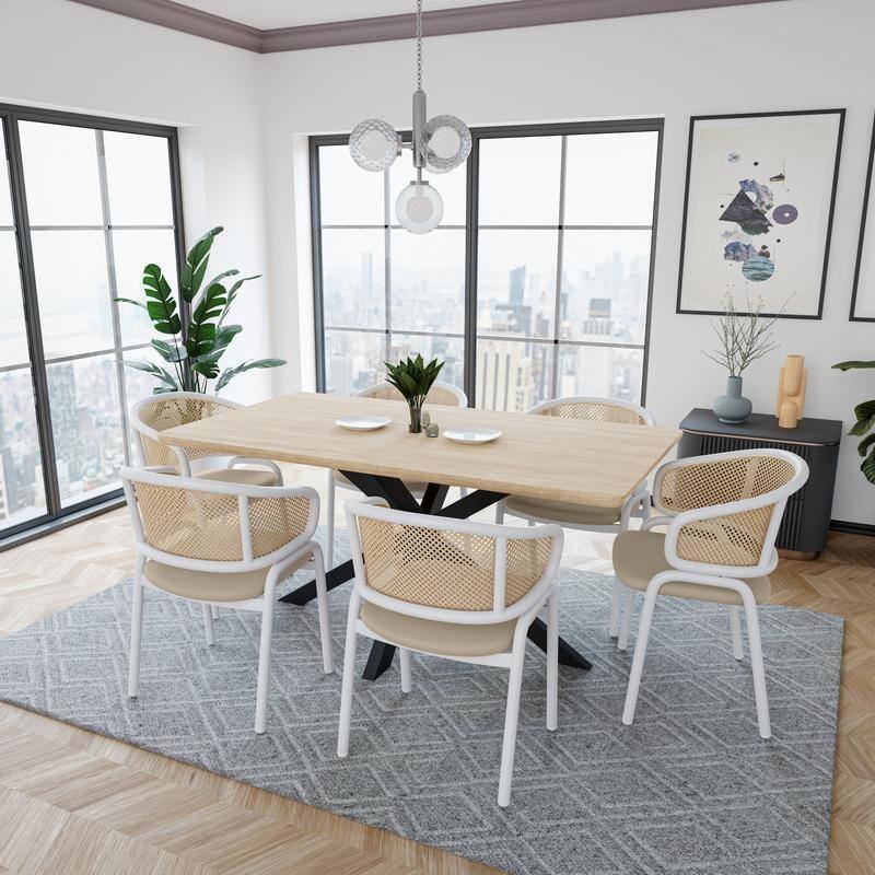 Euston Modern Mid-Century Leather Dining Chairs with Wicker Back in Steel Frame - Accent Armchair for Home Office & Kitchen
