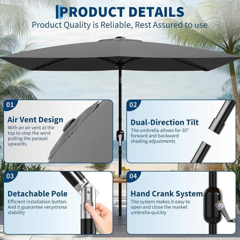 10' x 6.5' Solar Patio Umbrella with Crank and Push Button Tilt for Garden, Deck, Lawn, Pool (No Base)