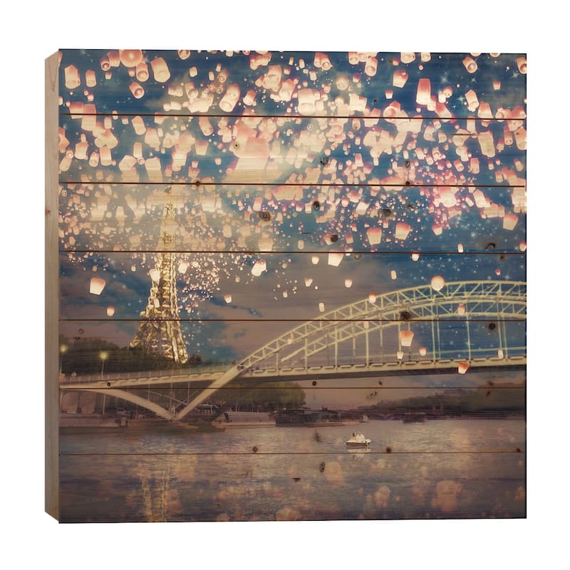Love Wish: Lanterns Over Paris Print On Wood by Paula Belle Flores - Multi-Color - 26x26x1.5