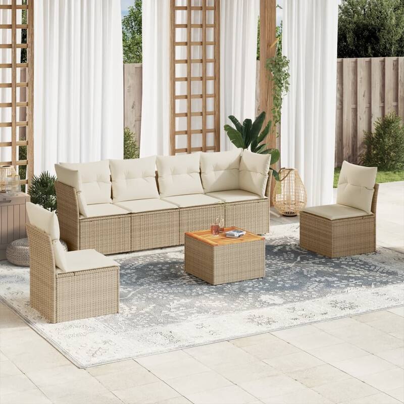 vidaXL Patio Sofa Set with Cushions Outdoor Furniture 7 Piece Poly Rattan - 21.7 x 21.7 x 14.6 - Beige
