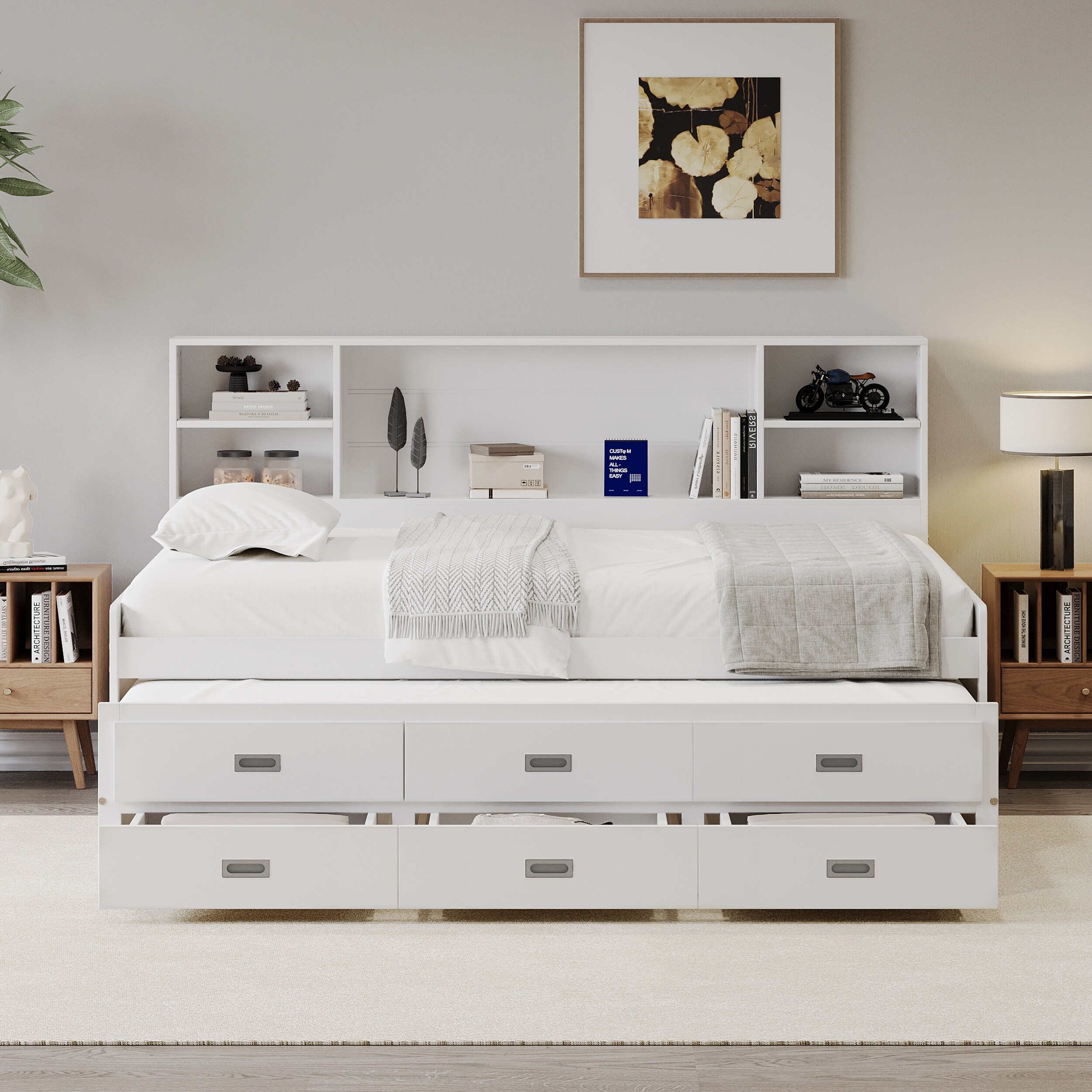 Full Size White Captain Bed wBookcase Trundle 2 Cabinet 3 Drawers
