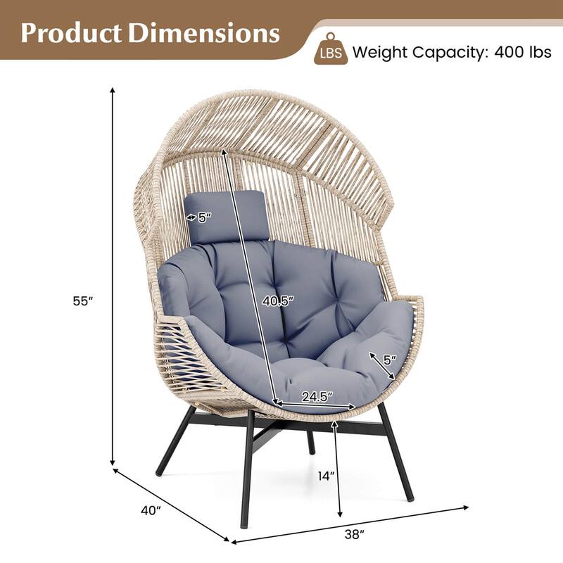 Oversized Yard Egg Style Chair w/ Cushions Headrest & Metal Frame