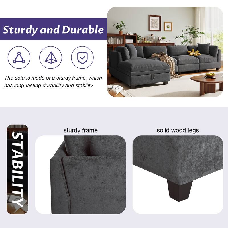 Modular L Shaped Sofa 127.6" Upholstered Sectional Couch with Removable Storage Ottoman 2 Hidden Cup Holders