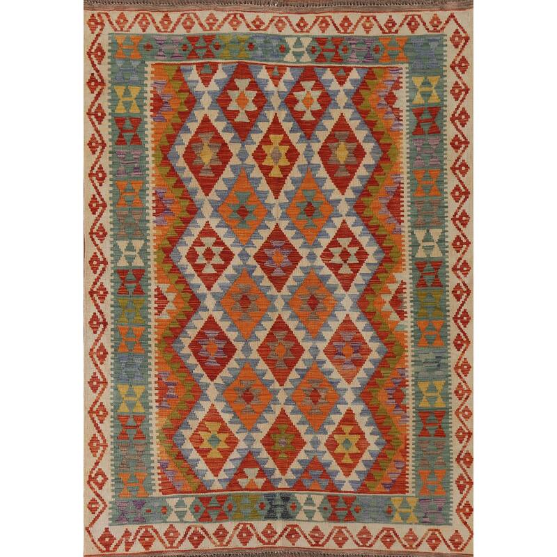 Hand Woven Oriental 100% Wool Carpet Southwestern Geometric Multi-Colored Kilim Area Rug - 6' 5'' X 5' 0''