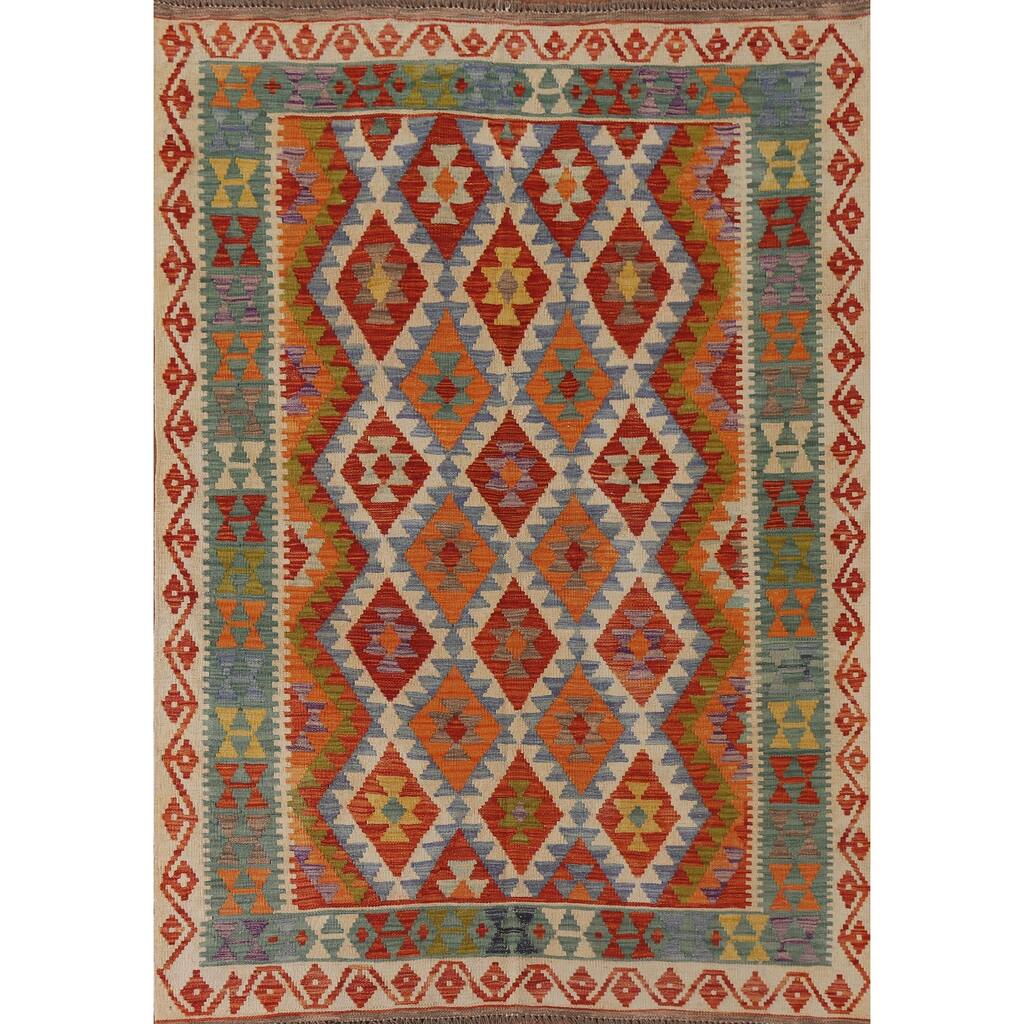 Hand Woven Oriental 100% Wool Carpet Southwestern Geometric Multi-Colored Kilim Area Rug - 6' 5'' X 5' 0''