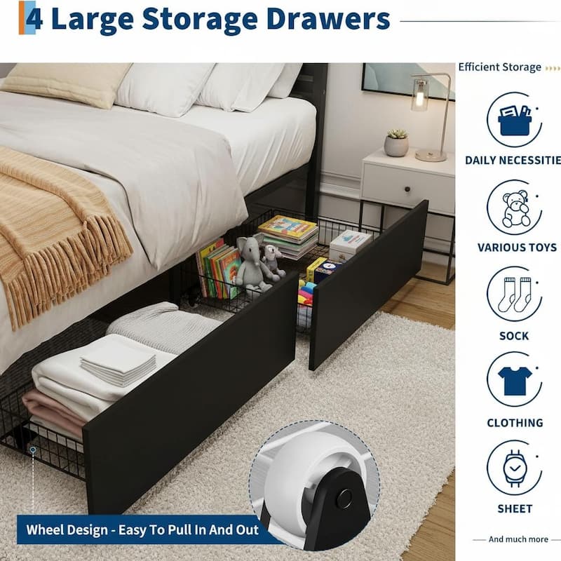 Rattan Bed Frame with Headboard, with 4 Drawers