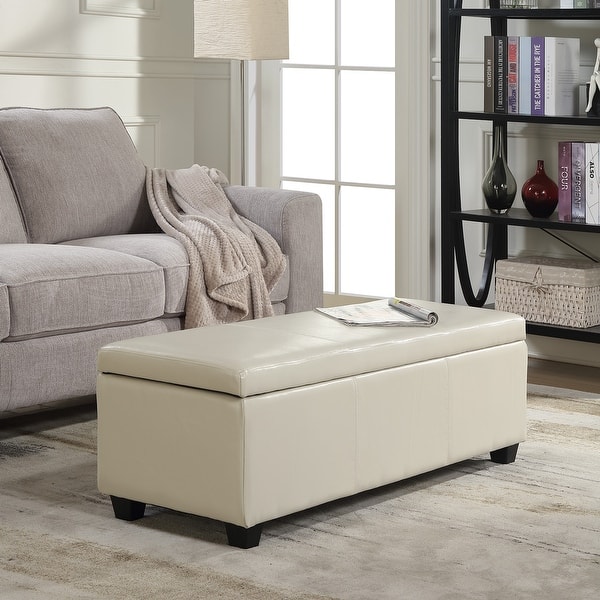 Belleze Modern Elegant Ottoman Storage Bench Living Bedroom Room Home Faux Leather 48 Inch Cream