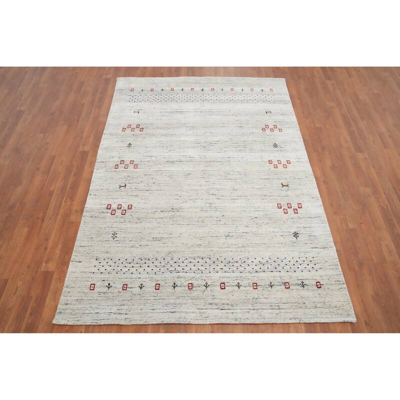 Hand Knotted Oriental 100% Wool Carpet Tribal Animal Pictorial Beige & Ivories Gabbeh Area Rug - 7' 7'' X 5' 3''