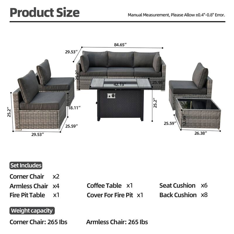 XIZZI 8-piece Patio Wicker Furniture Sectional Set with Firepit