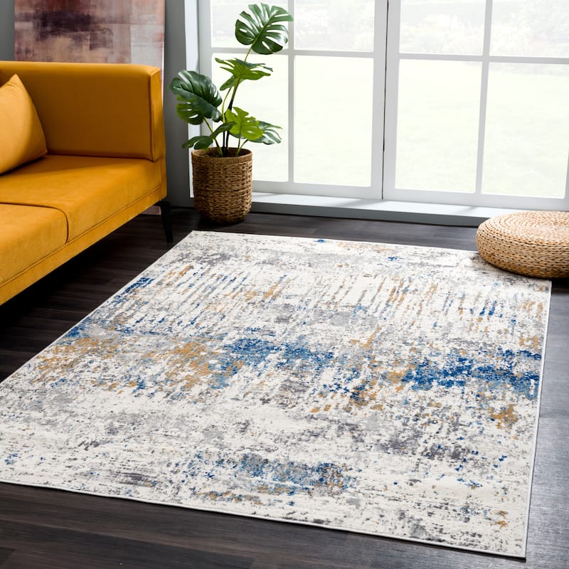 Abani Dun Contemporary Grey and Blue Landscape Indoor Area Rug - 4' x 6' - Grey
