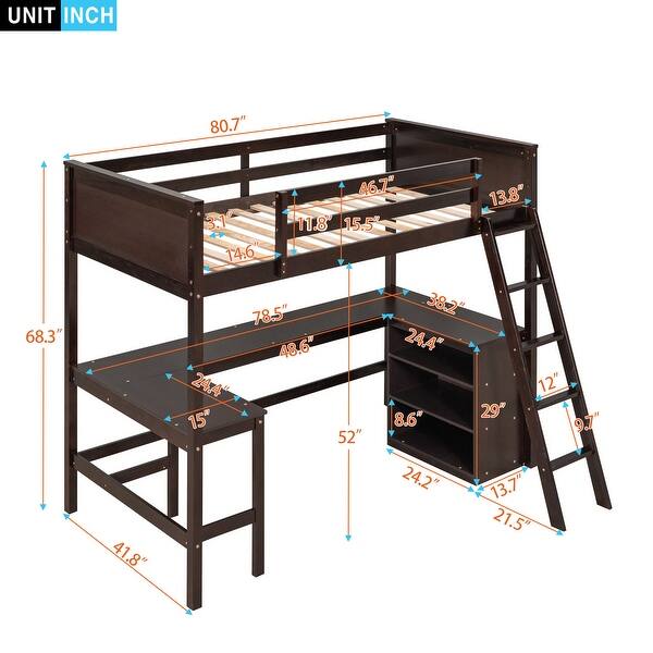 dimension image slide 2 of 3, Twin Size Wooden Loft Bed With Shelves and Desk for Home