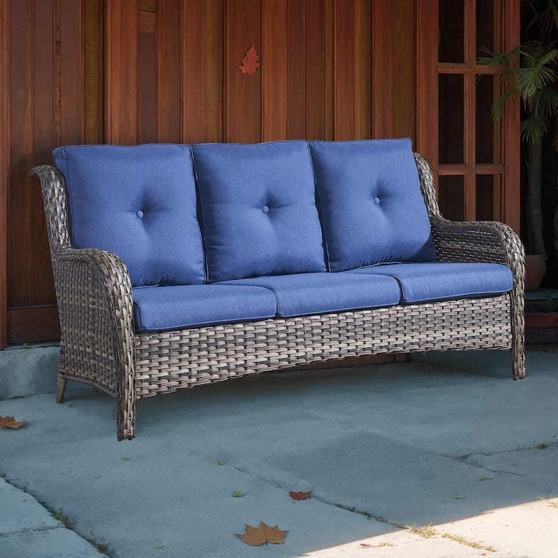 Gymojoy Patio Sofa PE Wicker 3-Seat Sofa - Grey - Blue