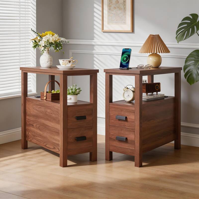 End Table with Charging Station,Side Tables with USB Ports & Outlets,Side Table with 2 Drawers, Small Wood Bedside Table