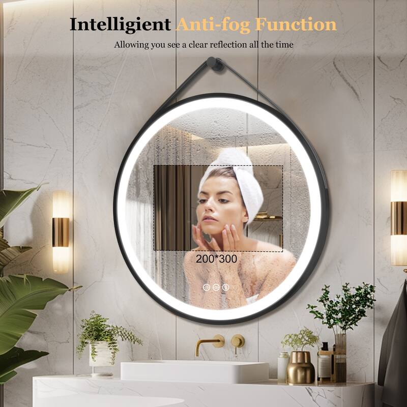 Round Black Framed Bathroom Mirrors Vanity Lighting with Microfiber Leather Hanging Strap