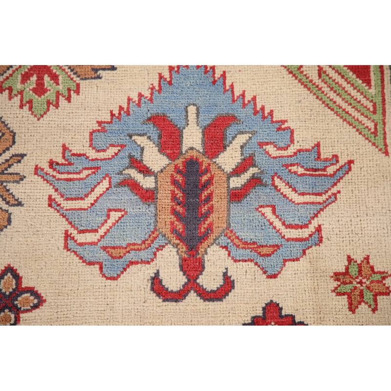 Ivory Geometric Kazak Area Rug Hand-Knotted Wool Carpet - 6'9" x 9'10"