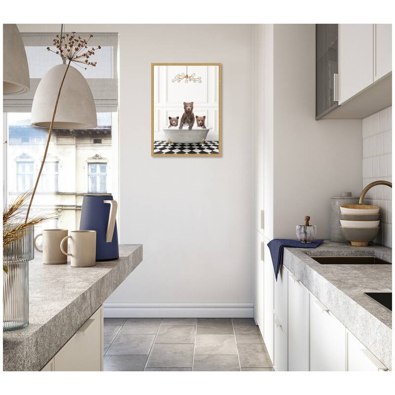 Kate and Laurel Sylvie Three Bears in Gray Bathtub on Checker Floor Framed Canvas by Amy Peterson