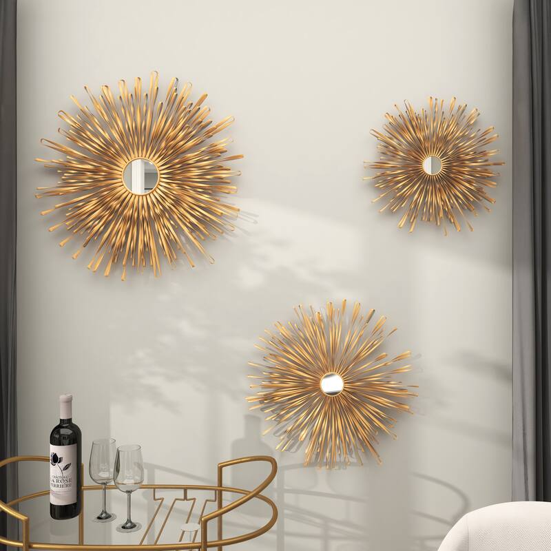 Metal 3D Looped Sunburst Wall Decor with Mirrored Center (Set of 3) - Silver or Gold