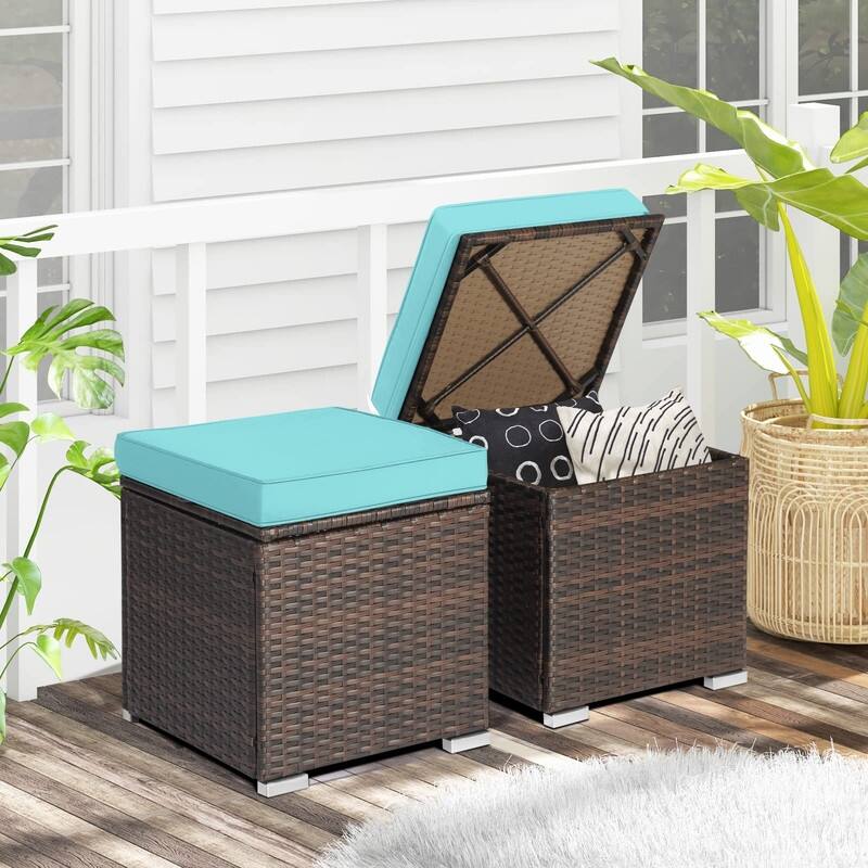 2-Pieces Patio Ottoman Set Outdoor Wicker Stool with Storage