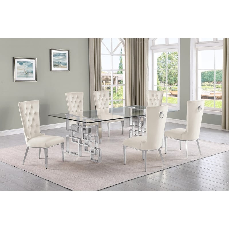 Best Quality Furniture D223/4-SC330-7 Dining Set with 95" 15mm Glass - 7-Piece - Cream / Silver