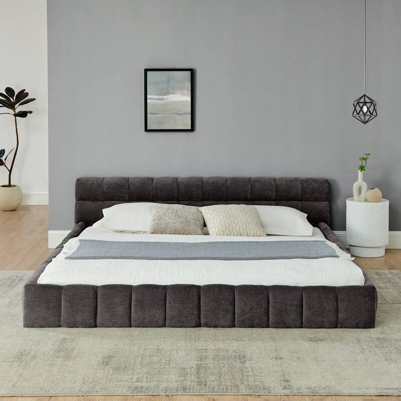 Chenille Fabric Grounded Platform Bed Upholstered Bed Frame