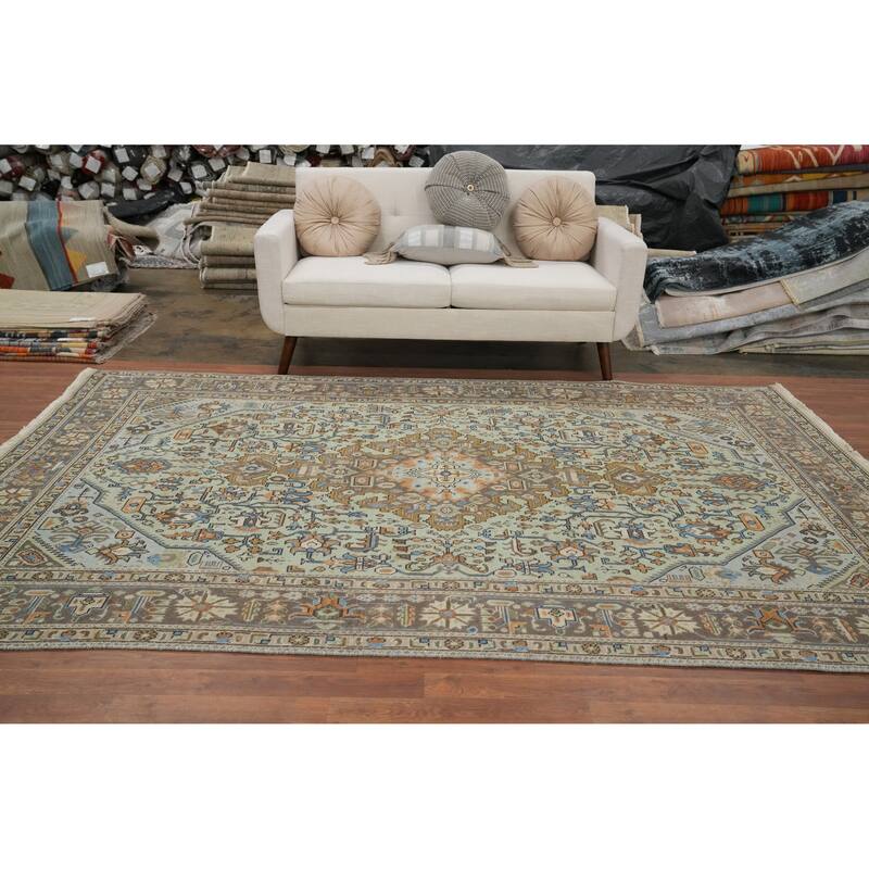 Hand Knotted Oriental 100% Wool Carpet Traditional Medallion Green Tabriz Area Rug - 9' 10'' X 6' 6''