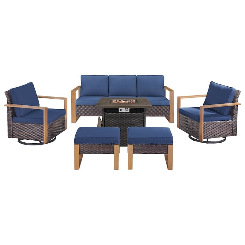 Pocassy Outdoor Fire Pit with 3-Seat Sofa Swivel Chairs Patio Furniture Set