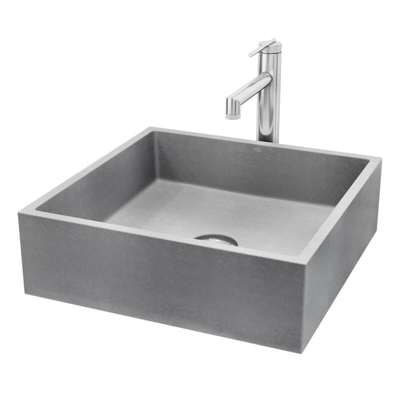 VIGO Alhambra 15"L x 15"W Concrete Vessel Sink and Sterling 11"H Faucet Set