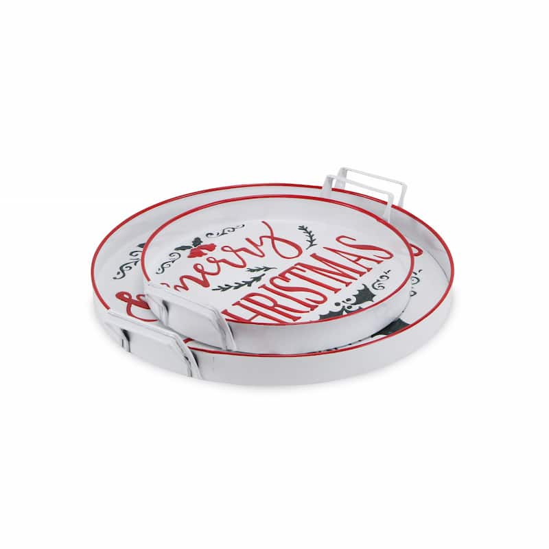HomeRoots Set of Two White Round Metal Christmas Handmade Serving Tray With Handles - 17.75 in. x 2.50 in. x 16.00 in.