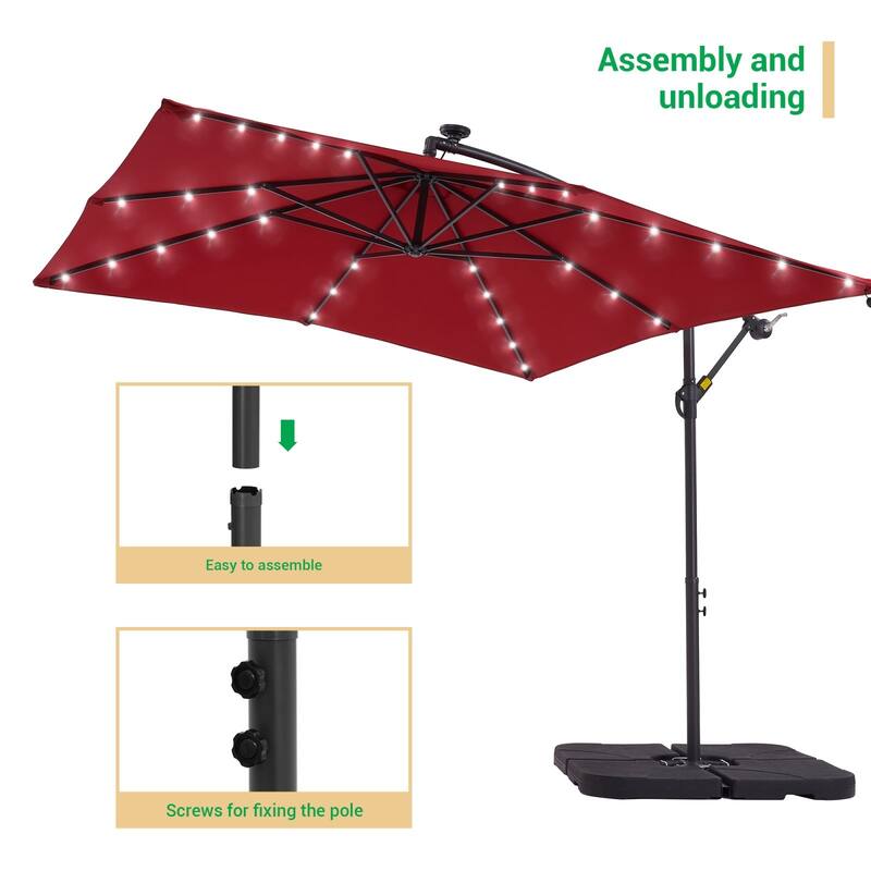 LIVOOSUN Solar Powered 8.2ft LED Patio Offset Umbrella With Base