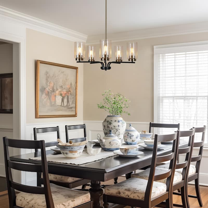 Modern 5-Light Black Gold Wheel Chandelier Cylindrical Seeded Glass Pendant Lights for Dining Room