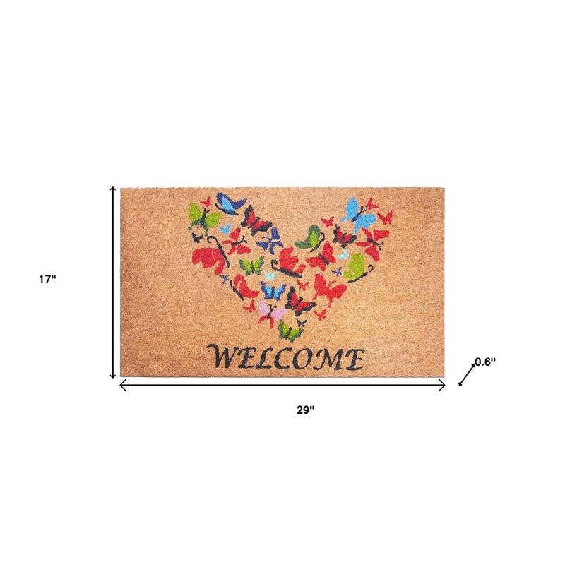HomeRoots 17" X 29" Brown And Red Butterfly Heart Welcome Outdoor Coir Door Mat - 17.00' X '29.00