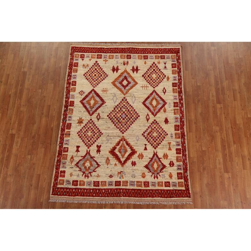 Hand Knotted Oriental 100% Wool Carpet Modern Tribal Beige & Ivories Moroccan Area Rug - 7' 10'' X 5' 9''