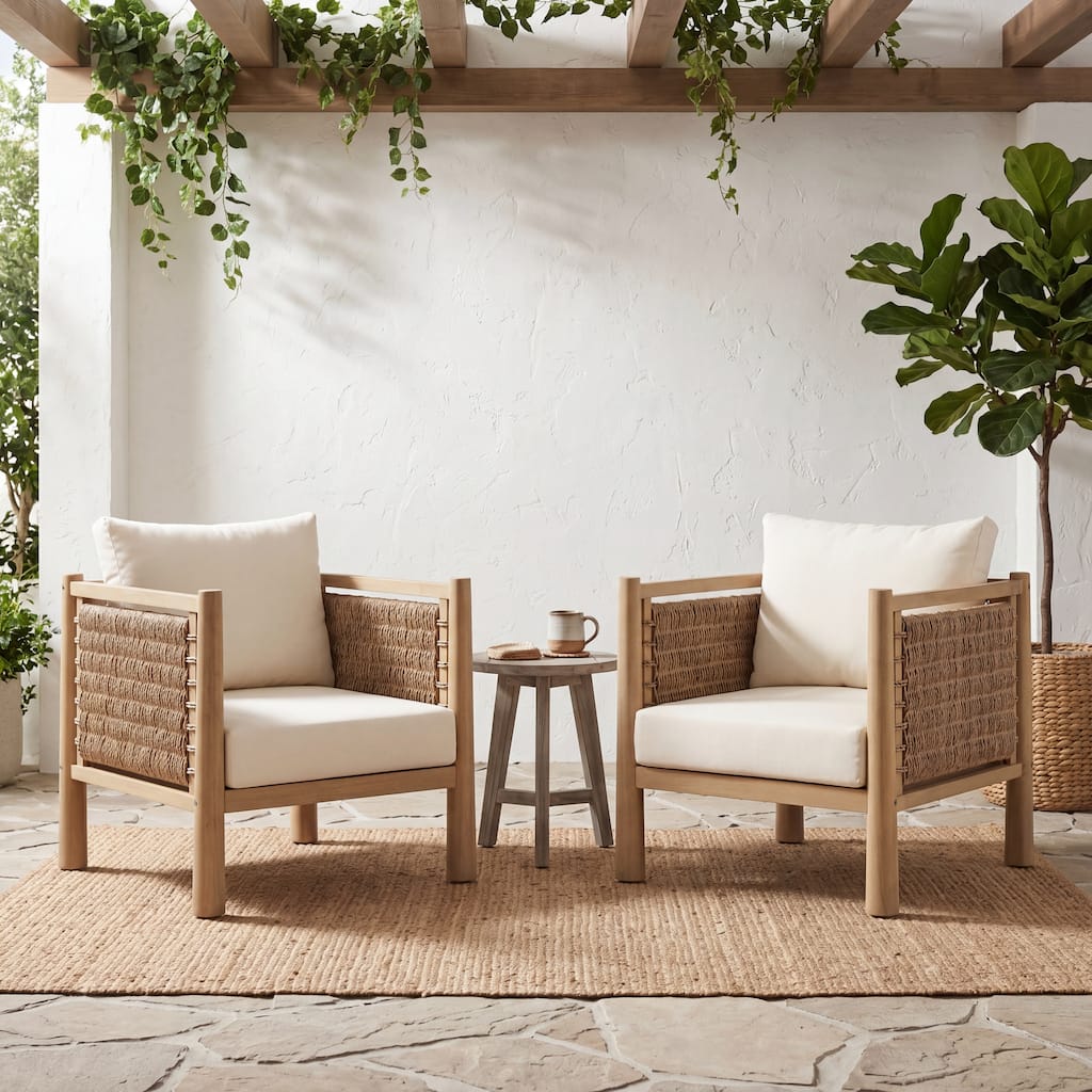 Christopher Knight Home - Rivetti Set of 2 Outdoor Armchairs, Acacia Wood with PE Wicker Woven Arms & Water-Resistant Cushion