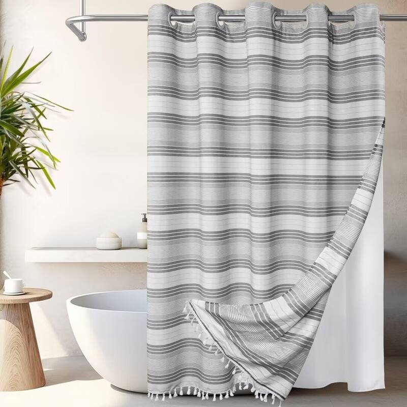 No Hooks Tassels Beach Stripe Shower Curtain with Snap-in Liner - 71"Wx74"L - Heather Grey
