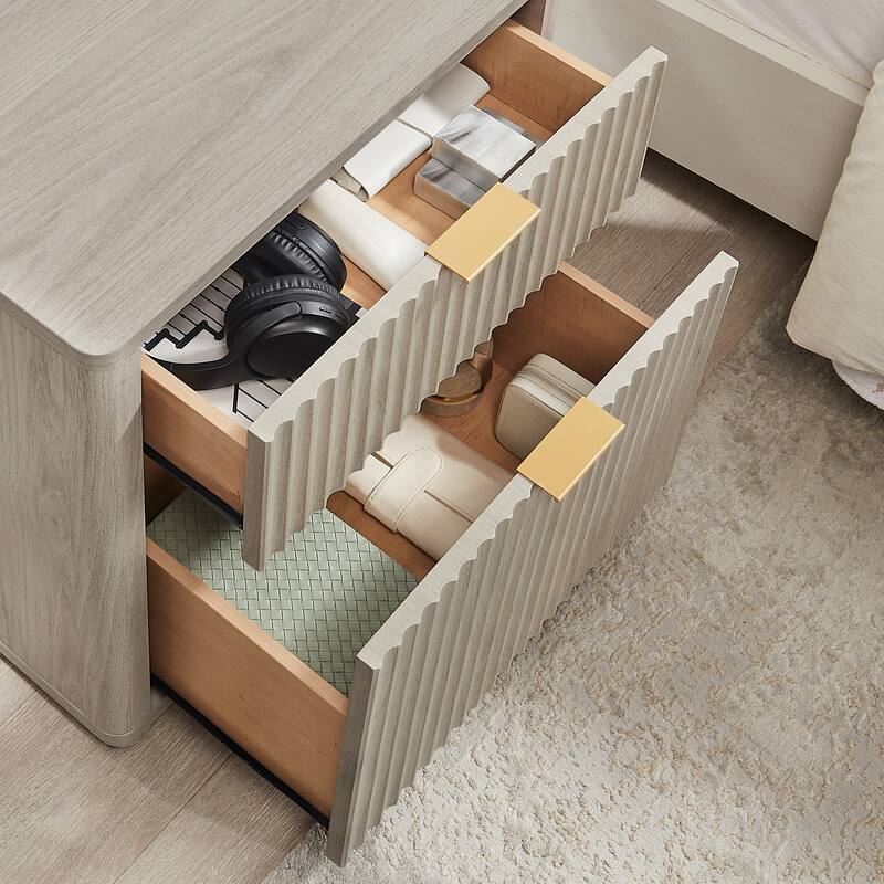 Modern Fluted Nightstand with Charging Station, 2 Drawer Bedside Table