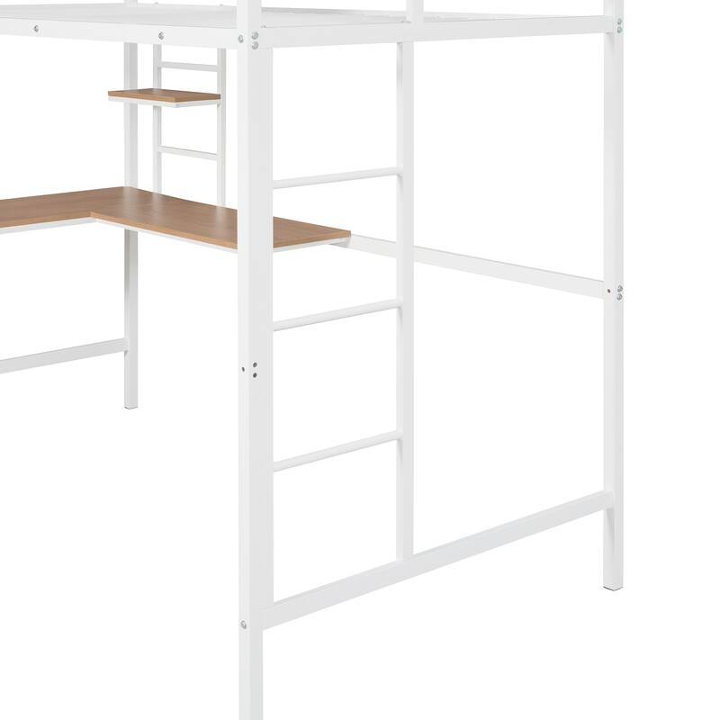 White Twin Metal Loft Bed with Integrated Desk and Shelves