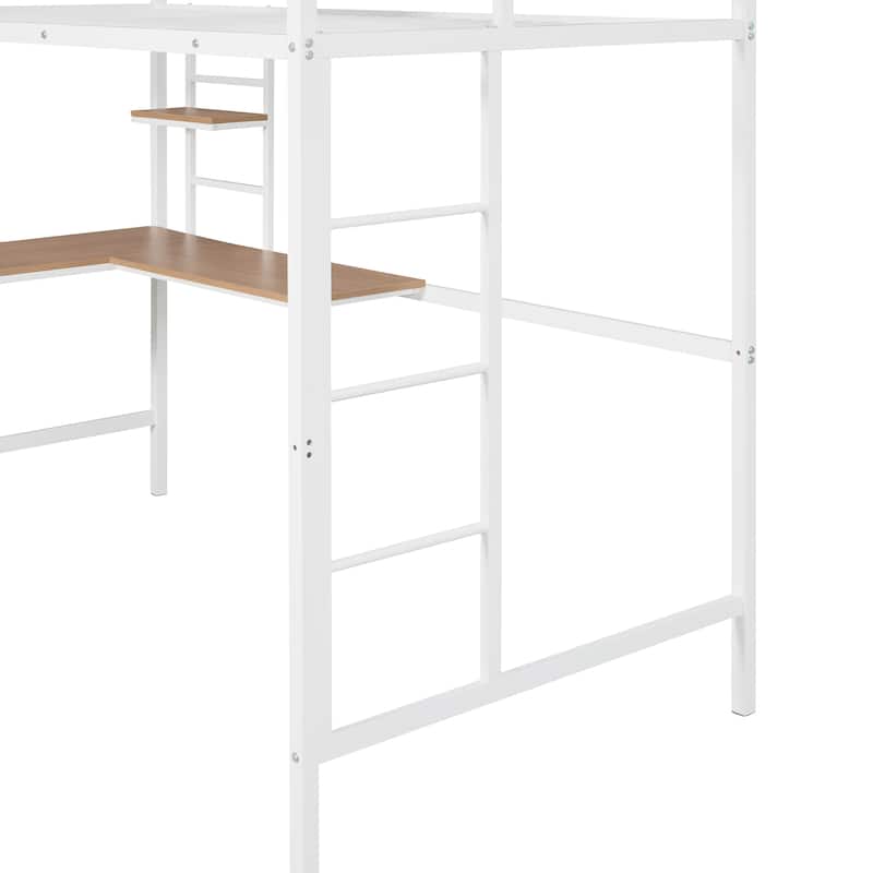 White Twin Size Metal Loft Bed with Desk and Shelve for Kids, Teens, Girls, Boys