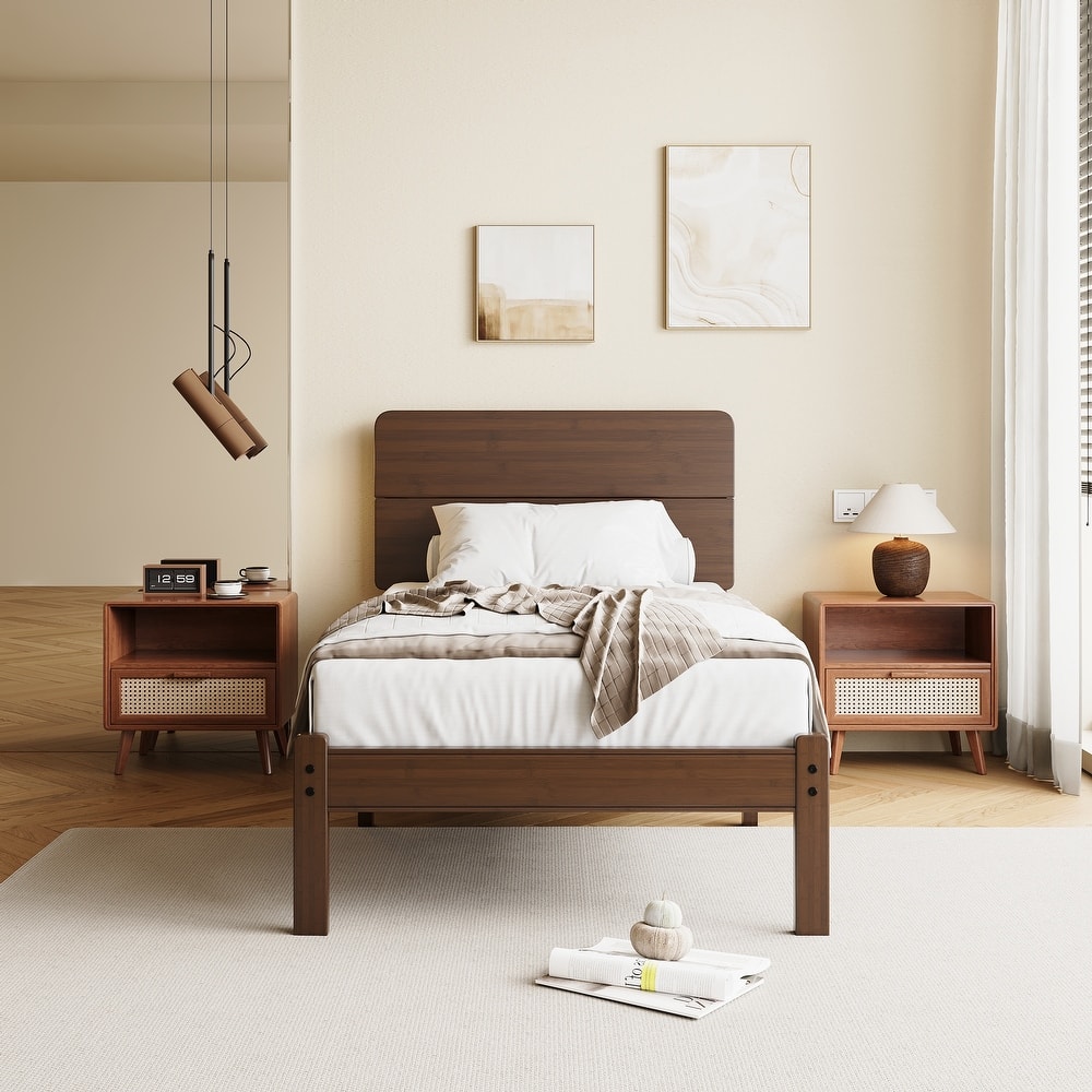 Walnut-colored solid wood and bamboo bed frame with headboard, easy to assemble, no box springs required