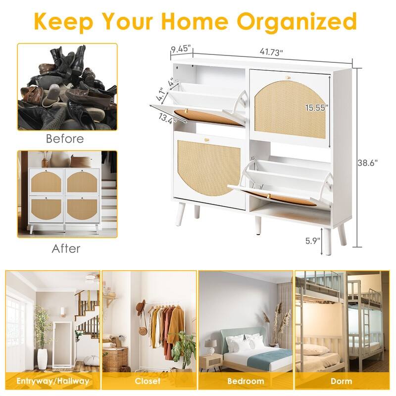 Rattan Shoe Cabinet with 2 / 4 Flip Drawers, Narrow Shoe Storage Cabinet,Organizer for Entryway, Bedroom, Living Room