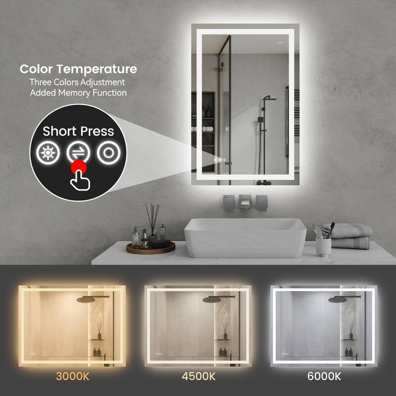 Clear Glass LED Vanity Mirror with Anti-Fog, Dimming and 3 Colors - 24” W x 36” H